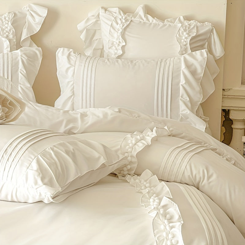 Conjunto de 4 Peças de Renda Romântica Macia + Kit Estilo Princesa com Bolinhas (1 Capa de Edredom, 2 Fronhas, 1 Lençol de Elástico), Suave e Delicado, Respirável e Absorvente, Simples e Romântico, Lavável na Máquina