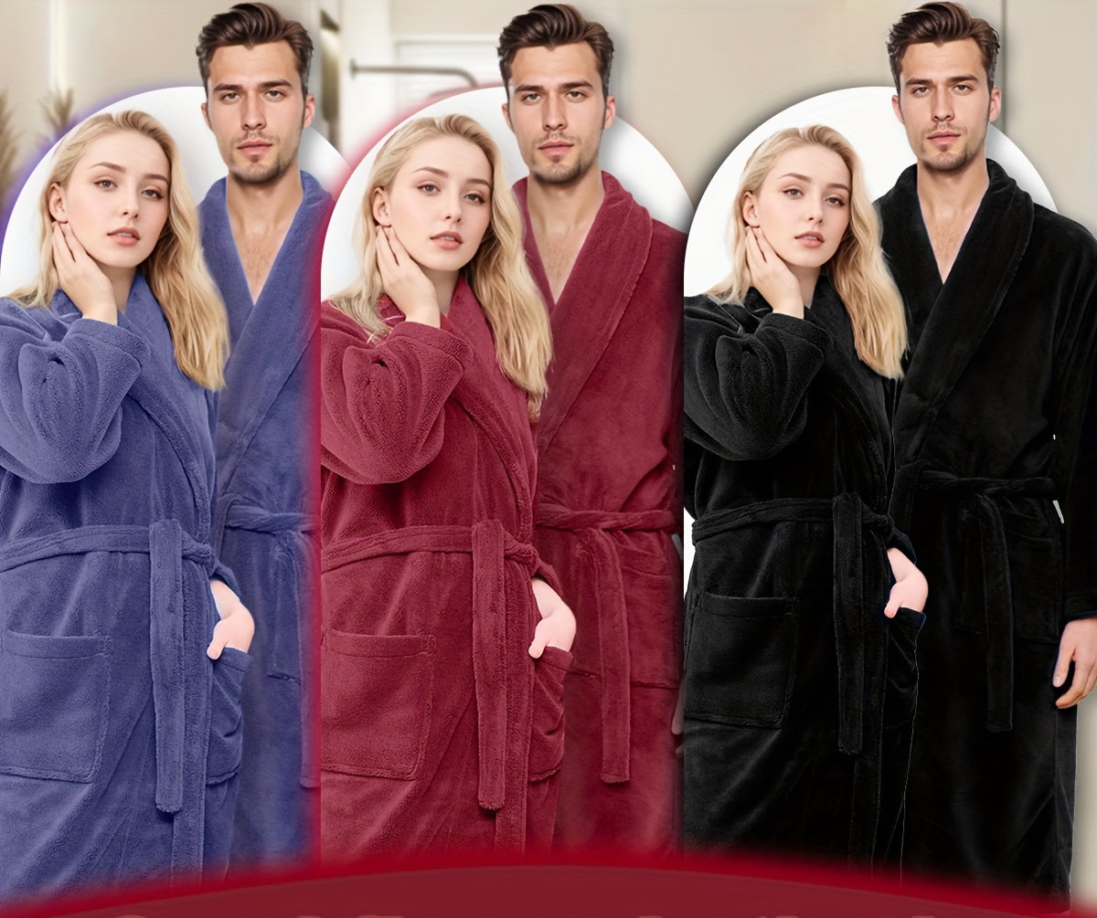 Roupão Unissex de Fleece Coral Extra Quente para Homens e Mulheres, Roupões Adultos para Banheiro, Toalha de Banho, Roupão com Gola Xale, Presente de Dia dos Namorados para Casais