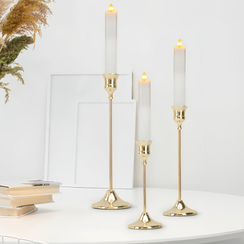 3pcs Elegant Golden Brass Candlestick Holders - Design de Metal Polido e Branco com Velas, Ideal para Casamento, Jantar e Decoração de Casa (Velas Não Incluídas), Decoração de Festa | Moderno Candelabro | Metal Durável, Decoração de Suporte de Velas