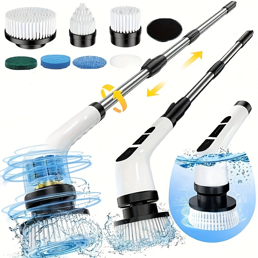 Electric Cleaner with Interchangeable Brush Heads (Soft/Hard), Extendable Length, Easily Cleans Hard-to-Reach Areas, USB-Powered — A Lightweight Electric Mop, Perfect Gift for Household Cleaning