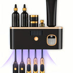 Um Suporte Inteligente para Escovas de Dentes para Organizar Escovas de Dentes na Casa de Banho, Com um Dispensador Automático de Pasta de Dentes - Montado na Parede, com 5 Compartimentos de Armazenamento, Feito de Plástico Durável, Bateria de Lítio Recarregável Via USB, Perfeito para Organização Moderna da Casa de Banho