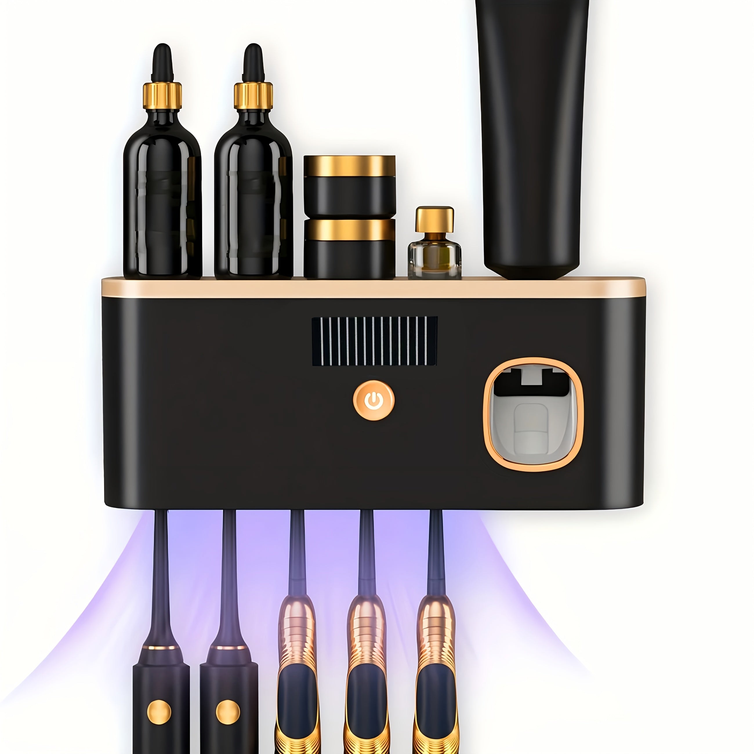 Um Suporte Inteligente para Escovas de Dentes para Organizar Escovas de Dentes na Casa de Banho, Com um Dispensador Automático de Pasta de Dentes - Montado na Parede, com 5 Compartimentos de Armazenamento, Feito de Plástico Durável, Bateria de Lítio Recarregável Via USB, Perfeito para Organização Moderna da Casa de Banho