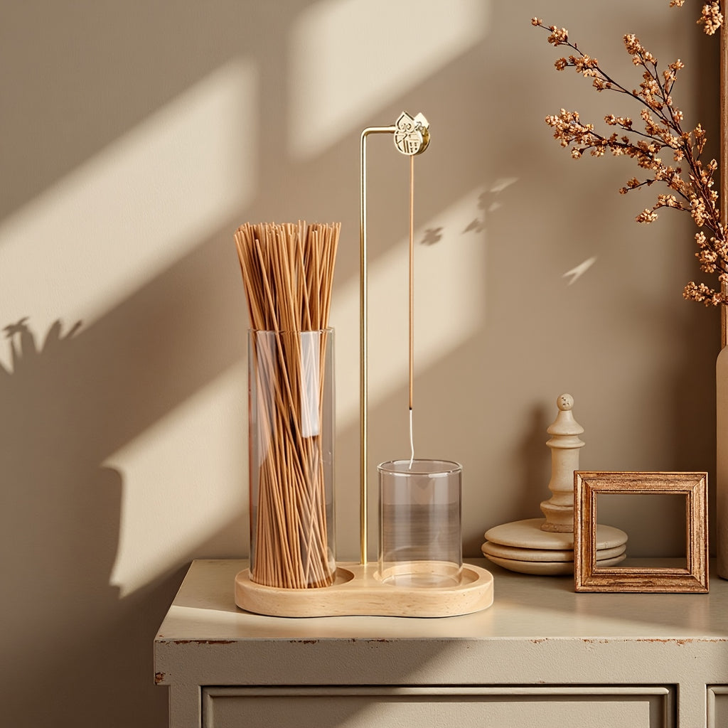Suporte de Incenso Duplo em Madeira Maciça com Design em Forma de Copo Redondo, Equipado com um Suporte de Incenso de Cabaça, um Tubo de Incenso de Vidro e um Suporte de Incenso de Sândalo em Madeira de Borracha, Adequado para Uso no Escritório, Yoga e Meditação.