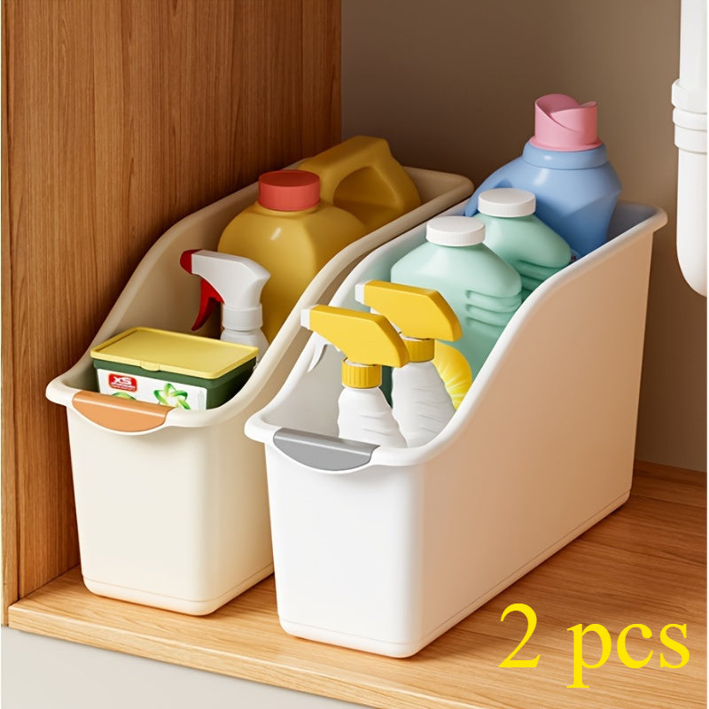 2 unidades de conjunto de caixas de armazenamento multifuncionais de plástico, design curvo para organização doméstica, ideal para produtos de limpeza e itens essenciais domésticos, caixas de armazenamento para organização doméstica, cestos, caixas e recipientes para organização doméstica