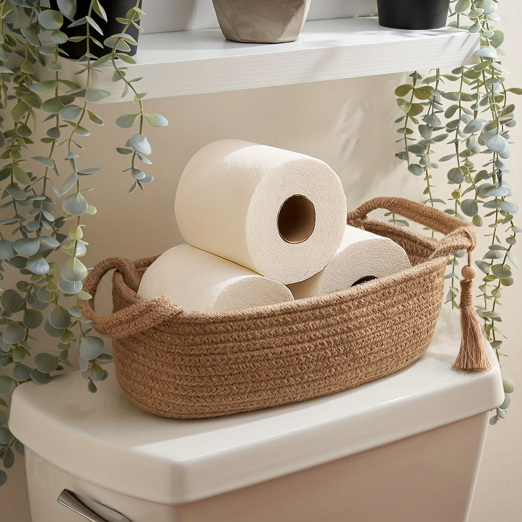 Bohemian Woven Fabric Toilet Paper Basket with Tassels - No-Installation Bathroom Storage Shelf & Decorative Hanging Toilet Tank Organizer, Cloth Basket for Towels, Tubes & Small Items - Decorative Bath Shelf for Modern or traditional rooms, Toilet