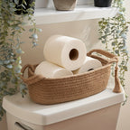 Bohemian Woven Fabric Toilet Paper Basket with Tassels - No-Installation Bathroom Storage Shelf & Decorative Hanging Toilet Tank Organizer, Cloth Basket for Towels, Tubes & Small Items - Decorative Bath Shelf for Modern or traditional rooms, Toilet