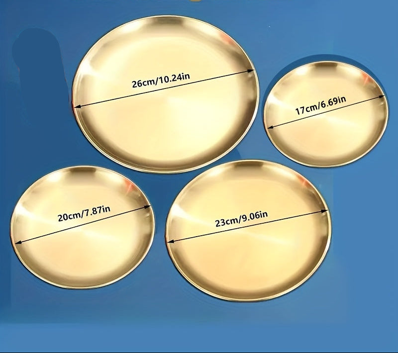 Conjunto de 6 Pratos de Jantar em Aço Inoxidável, Prato de Salada Dourado, Prato de Churrasco Coreano, Prato Principal Ocidental, Prato para Lanches e Sobremesas, Adequado para Restaurante e Uso Doméstico, Bandeja Multifuncional para Lanches e Prato para Ossos