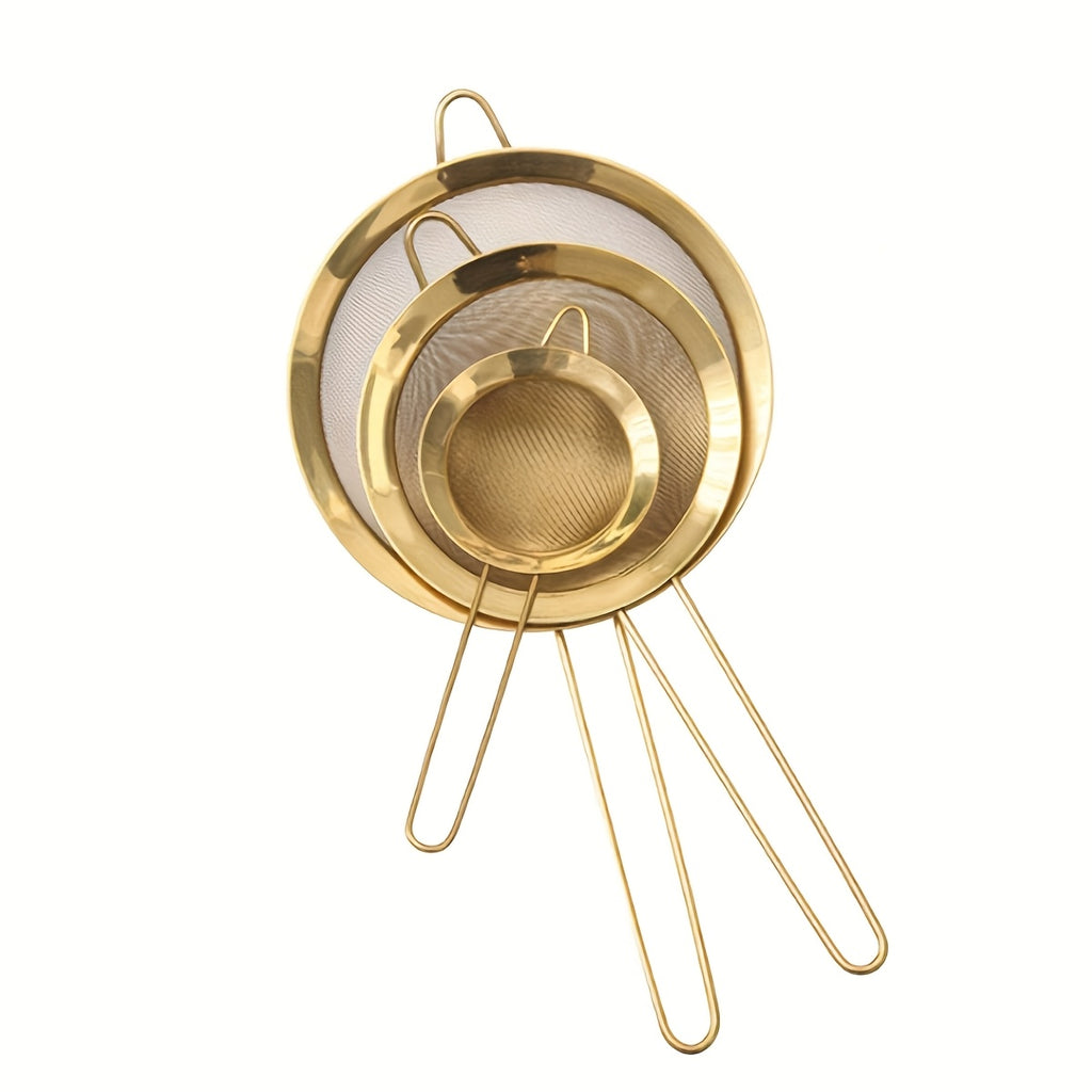Conjunto de 3 Filtros de Malha Fina Dourada, Peneira de Farinha, Coador de Cozinha, Utensílios de Pastelaria, Acessórios de Cozinha, Utensílios de Cozinha, Ferramentas de Restaurante