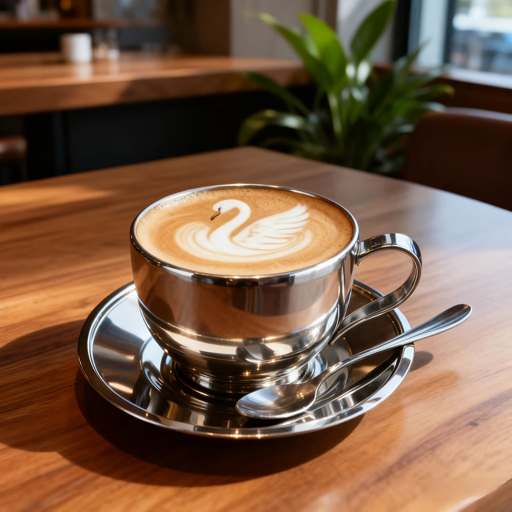 3pcs/sets 304 Thickened Stainless Steel Coffee Cup | Double-walled Insulated Cup | Home/Office Set with Saucer and Spoon (3pcs) - Simple Design, Easy to Clean, Long-lasting Use