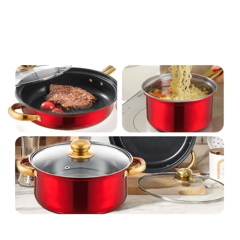 6pcs Red Stainless Steel Cookware Set, Non-stick Frying Pan, Pan, with Lid, Multi-functional, Fashionable and Durable, Suitable for Induction Cooker, Can Be Used in Kitchen, Restaurant, Outdoor Camping, Perfect Gift for Valentine's Day