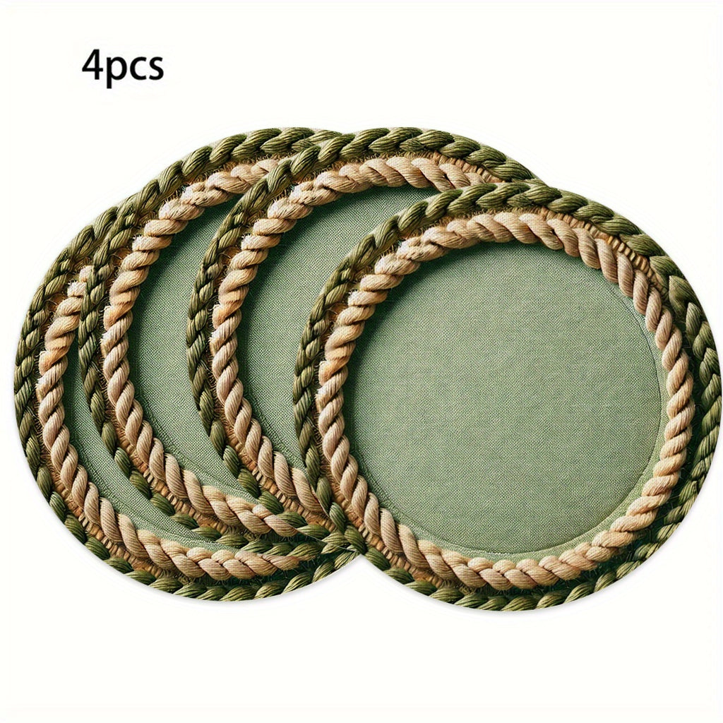 Conjunto de 4 Capachos Redondos - Borda em Cordão Verde Bege, Tapetes Centrais para Mesa na Cor Bege, 38,1x38,1 cm Resistente e Lavagem Manual Apenas no Tecido Decorativo Rústico Fazenda, Jantar Campestre, Festas Temáticas & Uso Diário - Utensílios Elegantes