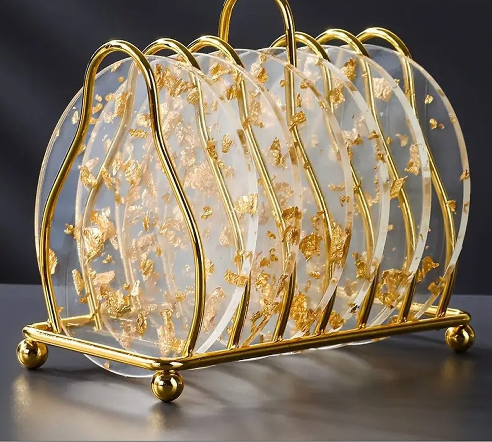 Conjunto de 8 Luxuosos Bases para Copos em Acrílico com Design de Folha Dourada - Protetores de Mesa Redondos Resistentes ao Calor, Bases para Copos Transparentes Elegantes Adequadas para Chá/Café, Decoração Elegante para Casa e Escritório
