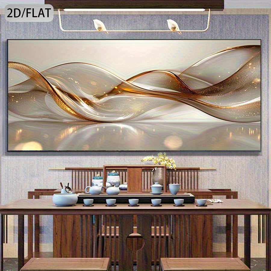 Grande Arte de Parede Moderna Abstrata - Pintura em Tela com Linha Dourada e Moldura Transparente, Ideal para Sala, Quarto, Escritório - Decoração Contemporânea Neutra 50x150cm (19,69x59,06in) Obra de Arte Moderna de Grande Porte