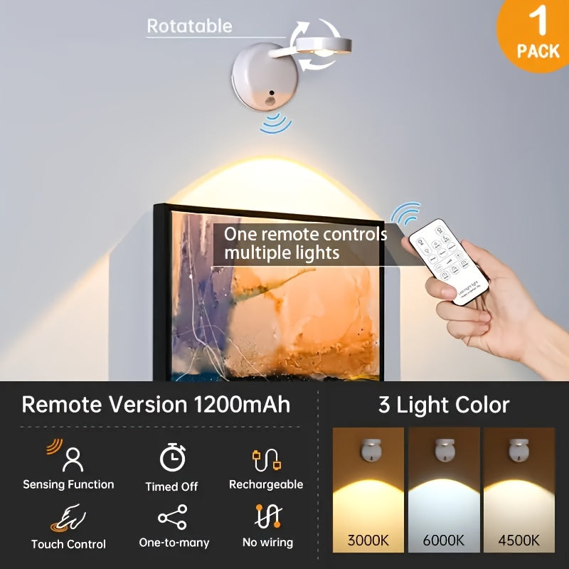 Luz de Parede LED com Sensor de Movimento, Recarregável por USB, Inclui Controlo Remoto, Brilho Ajustável, Três Temperaturas de Cor e Função de Temporizador. Adequada para Galerias, Escadas, Corredores, Salas de Estar e Vitrines.