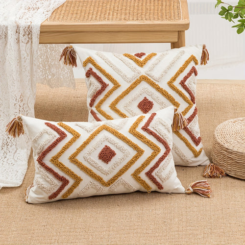 Capa de Almofada Geométrica Quadrada com Estilo Boémio, Apresentando Bordados Aveludados, Adequada para Almofadas de Sala de Estar ou Quarto.