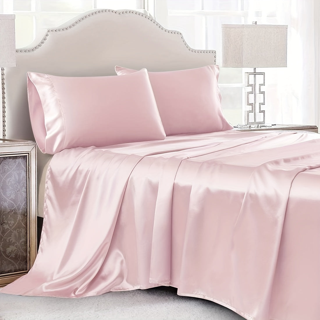 3/4 Peças de Lençol de Cetim - Cobertor de Cama Macio e Respirável, Luxuoso, Adequado para Quarto, Ajustável a Camas, Opções de Cores Múltiplas (Lençol, Cobertor Ajustável e Fronhas)