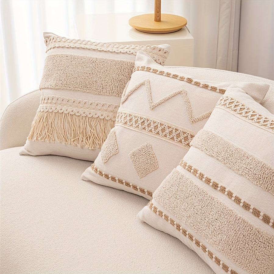 1pc Capa de Almofada Decorativa Bohemia Bordada - Design Geométrico Marroquino, 45.72x45.72 cm, Hipoalergênica para Sofá e Quarto, Fechamento com Zíper (Sem Enchimento), Tecido Texturizado Espesso, Decoração Rústica Champanhe para Sala e Quarto, Acessório para Cama ou Sofá
