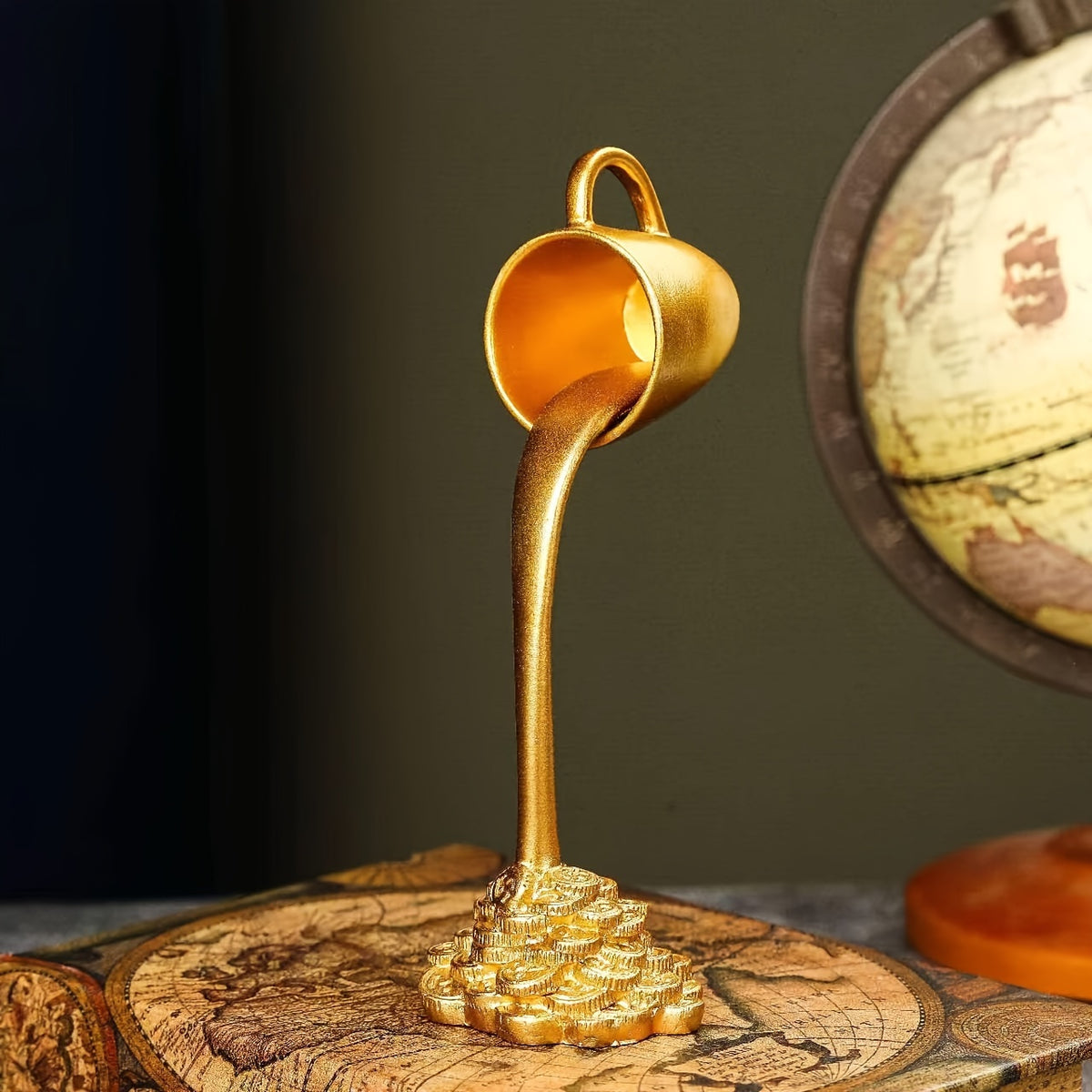 Figura Decorativa de Xícara de Café com Moeda Dourada - Enfeite Temático de Amor em Resina, Ideal para Diversos Tipos de Ambientes, Uso Apenas Interno, Acessórios para Cafeteria, Perfeito para Natal, Decorações de Halloween, Decoração de Outono, Figuras Colecionáveis
