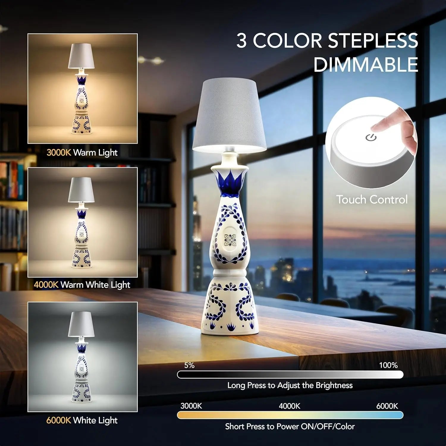 Lâmpada de Garrafa Sem Fio com Controle de Toque e Escurecimento