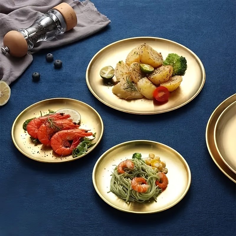 Conjunto de 6 Pratos de Jantar em Aço Inoxidável, Prato de Salada Dourado, Prato de Churrasco Coreano, Prato Principal Ocidental, Prato para Lanches e Sobremesas, Adequado para Restaurante e Uso Doméstico, Bandeja Multifuncional para Lanches e Prato para Ossos