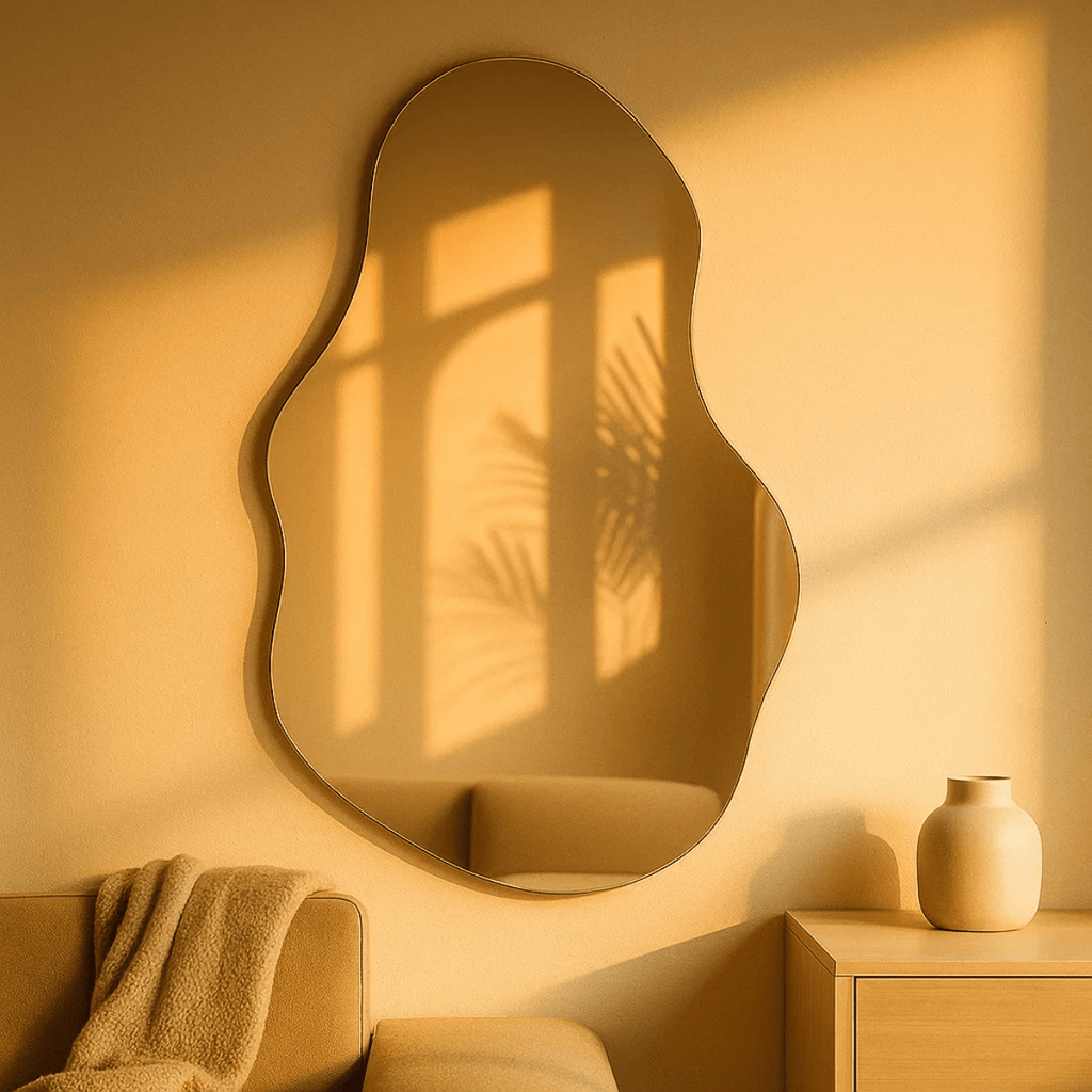 Espelho Orgânico Decorativo Moderno 70x50cm Formato Irregular Estilo Pinterest Vidro Polido de Alta Qualidade Sem Distorção para Decoração de Quarto Sala Hall e Banheiro Opções de Instalação com Suporte ou Fita Dupla Face Design Contemporâneo Luxo Resistente e Versátil Lopazzi Home Decor