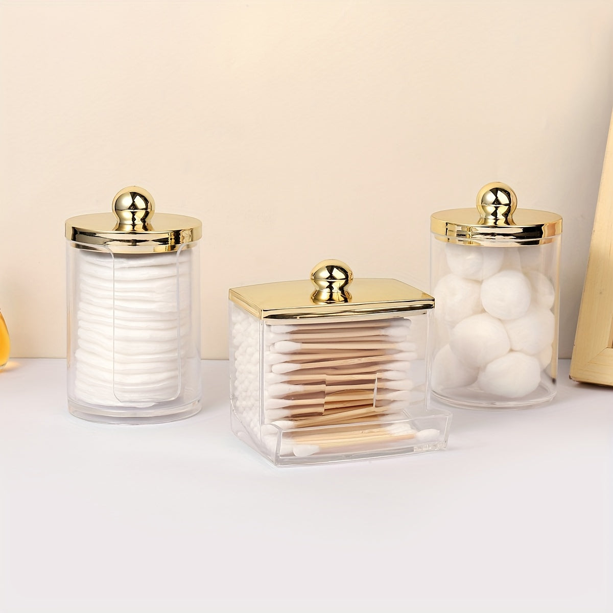 Porta-Algodão Acrílico com Tampa Dourada