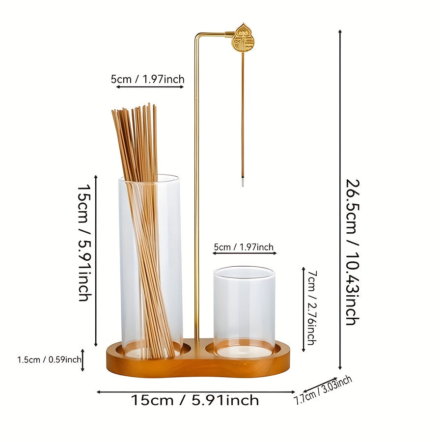 Suporte de Incenso Duplo em Madeira Maciça com Design em Forma de Copo Redondo, Equipado com um Suporte de Incenso de Cabaça, um Tubo de Incenso de Vidro e um Suporte de Incenso de Sândalo em Madeira de Borracha, Adequado para Uso no Escritório, Yoga e Meditação.