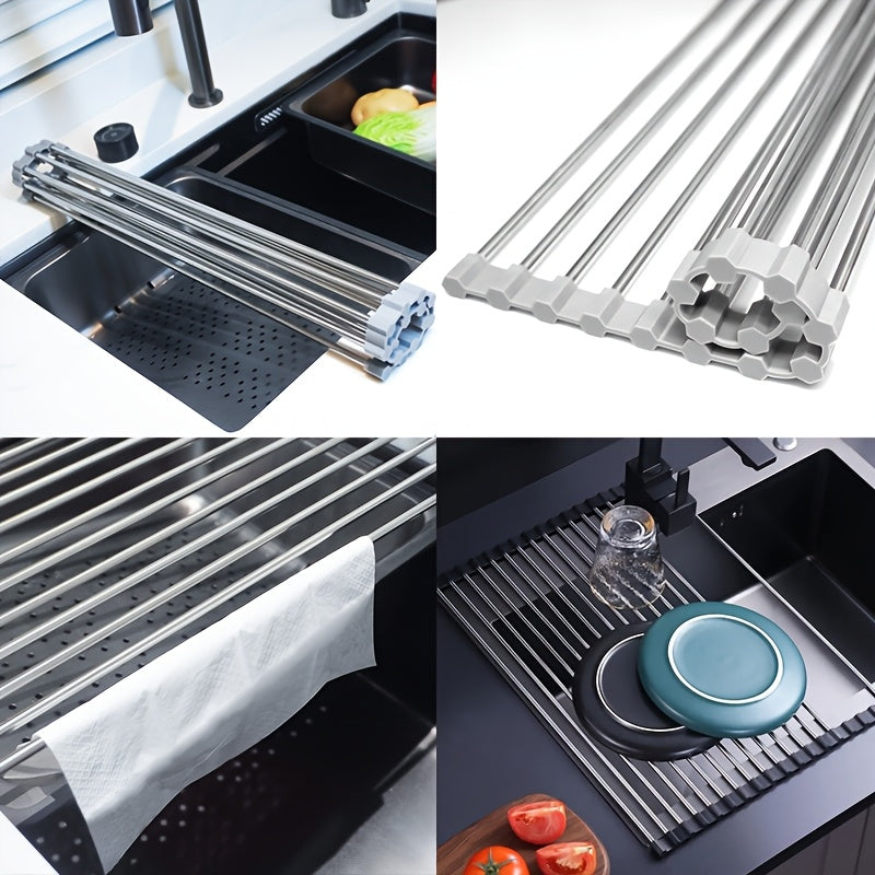 1pc Escorredor de Louça Deluxe em Aço Inoxidável | Economizador de Espaço, Multifuncional, Design para Colocar Sobre a Pia, Portátil, Enrolável, Anti-Ferrugem, Fácil de Limpar, Organizador de Pia de Cozinha - Perfeito para Cozinhas Pequenas