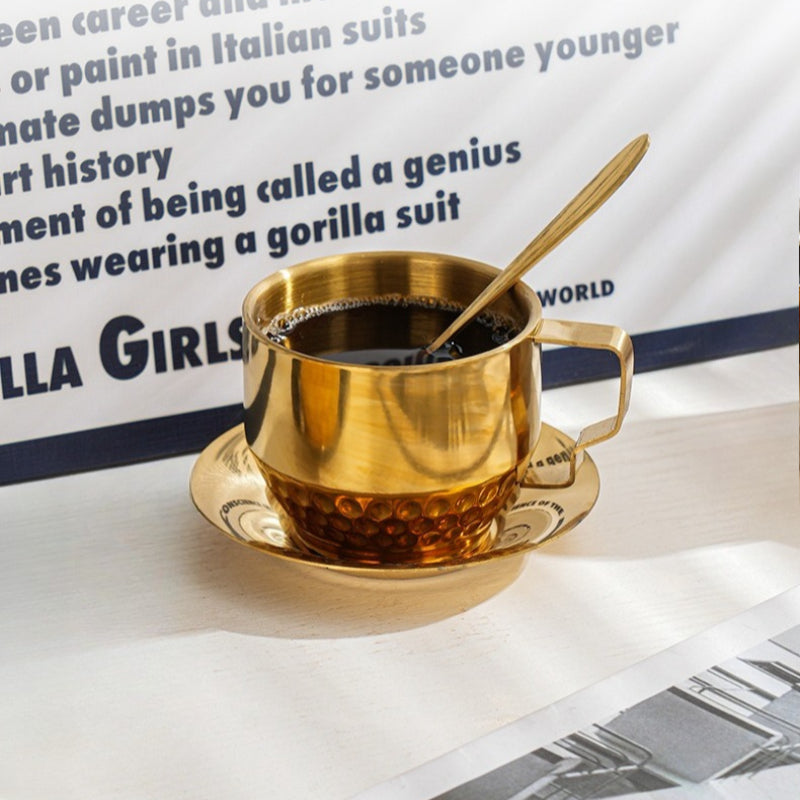 Conjunto de 3 Peças de Copos Premium em Aço Inoxidável Dourado | Inclui Copo, Prato e Colher, Ideal para Casa, Escritório, Cafés ou Lojas de Sobremesas, Capacidade de 150ml