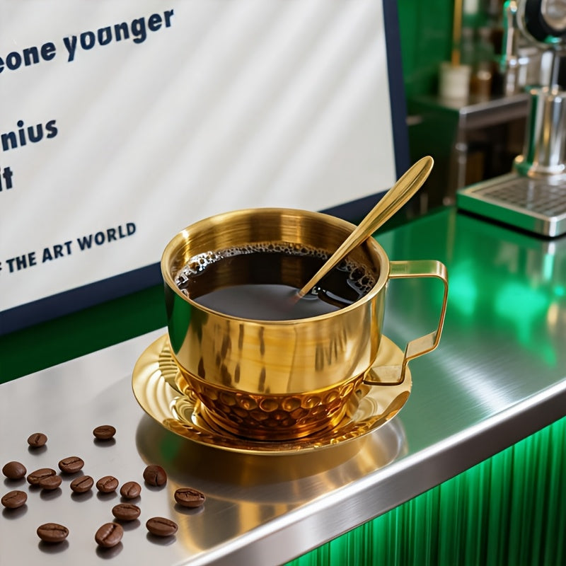 Conjunto de 3 Peças de Copos Premium em Aço Inoxidável Dourado | Inclui Copo, Prato e Colher, Ideal para Casa, Escritório, Cafés ou Lojas de Sobremesas, Capacidade de 150ml