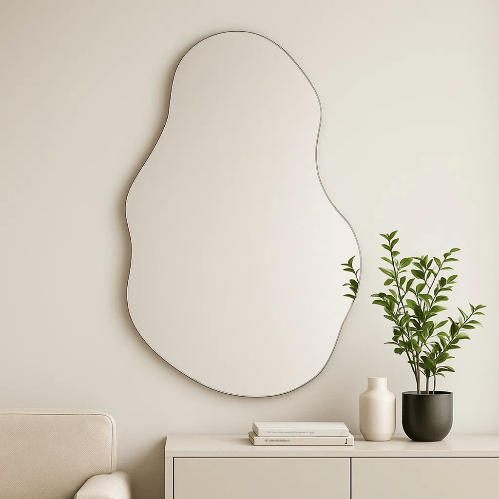 Espelho Orgânico Decorativo Moderno 70x50cm Formato Irregular Estilo Pinterest Vidro Polido de Alta Qualidade Sem Distorção para Decoração de Quarto Sala Hall e Banheiro Opções de Instalação com Suporte ou Fita Dupla Face Design Contemporâneo Luxo Resistente e Versátil Lopazzi Home Decor