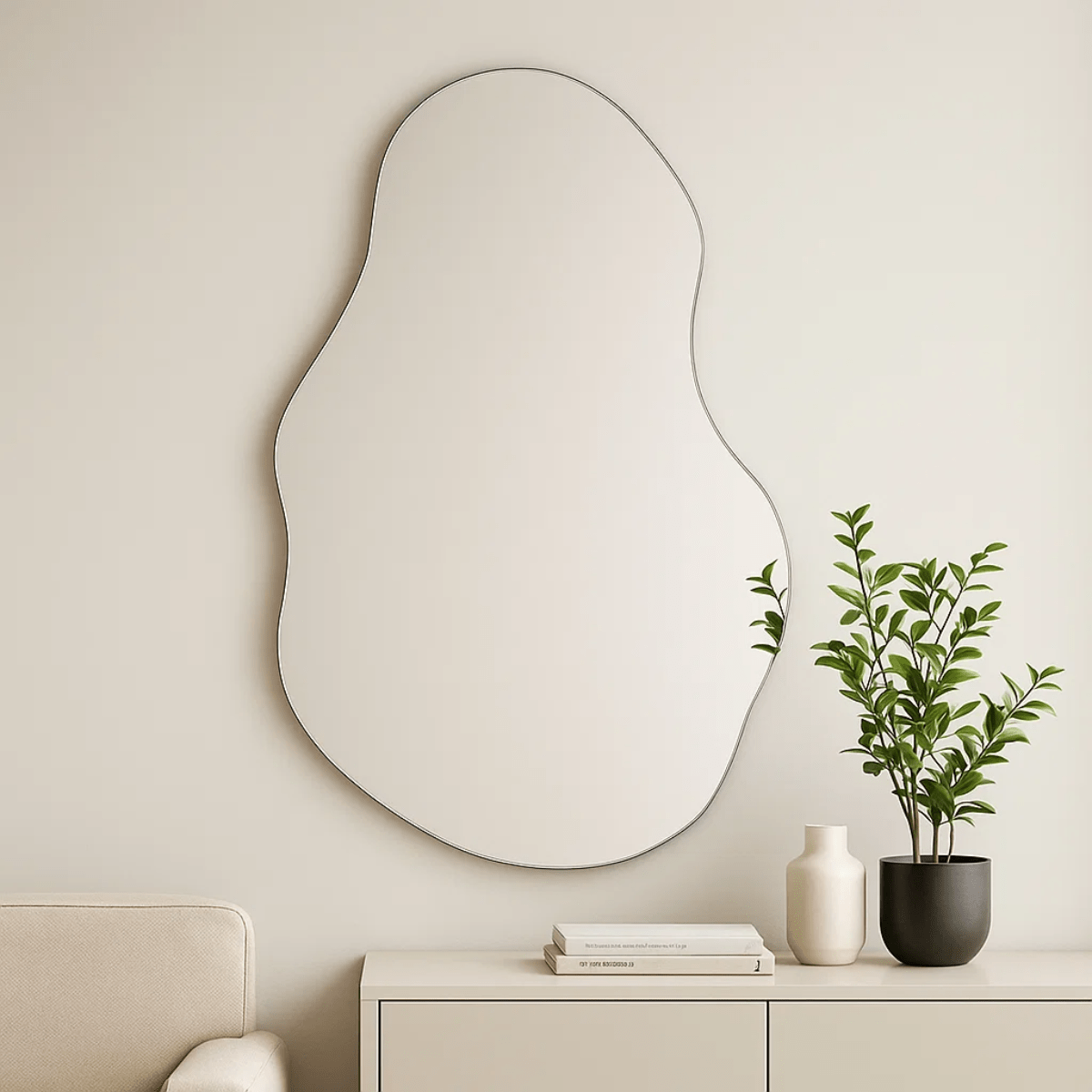 Espelho Orgânico Decorativo Moderno 70x50cm Formato Irregular Estilo Pinterest Vidro Polido de Alta Qualidade Sem Distorção para Decoração de Quarto Sala Hall e Banheiro Opções de Instalação com Suporte ou Fita Dupla Face Design Contemporâneo Luxo Resistente e Versátil Lopazzi Home Decor