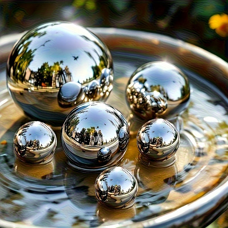 Conjunto de 6 Esferas Decorativas Ocas Redondas em Aço Inoxidável - Tamanhos variando de 0,79 a 5,99 cm, Ornamentos de Metal com Extremidade Espelhada para Escadas e Janelas, Esculturas de Jardim e Esferas Refletoras, Contas Flutuantes em Aço Inoxidável, Fontes de Luz Prateadas