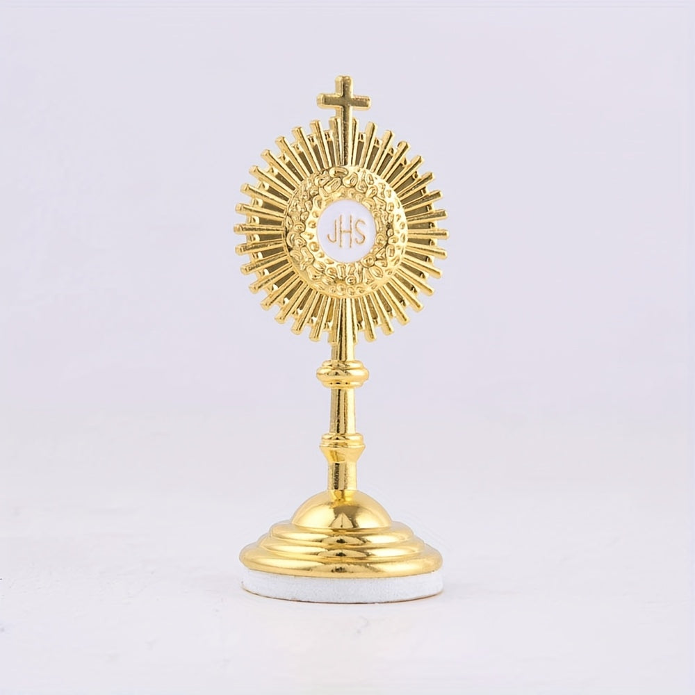 2pcs Golden Catholic Communion Monstrance Statue - Elegant Sacred Table Decor with Cross, Zinc Alloy Construction, Stable Base - for Home, Church, Office - Perfect for Mass, Christmas, Easter, Thanksgiving - Religious Gifts for Catholics, Holiday Table Accent, Ornate Religious Design, Detailed Craftsmanship