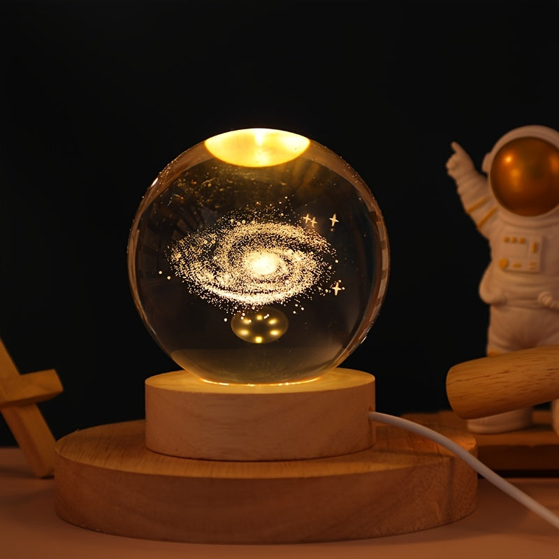 Cabo 3D Lua/Céu Cristal, Base de Madeira Cristal, Candeeiro de Noite Cristal Criativo, Decoração de Mesa, Presente de Natal