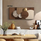 [2D Flat] Uma Grande Arte de Parede em Tela Minimalista Moderna Apresentando um Design Circular Abstrato em Bege, Castanho, Branco e Dourado. Esta Peça Contemporânea Sem Moldura é Ideal para Decorar Salas de Estar, Quartos e Escritórios em Casa