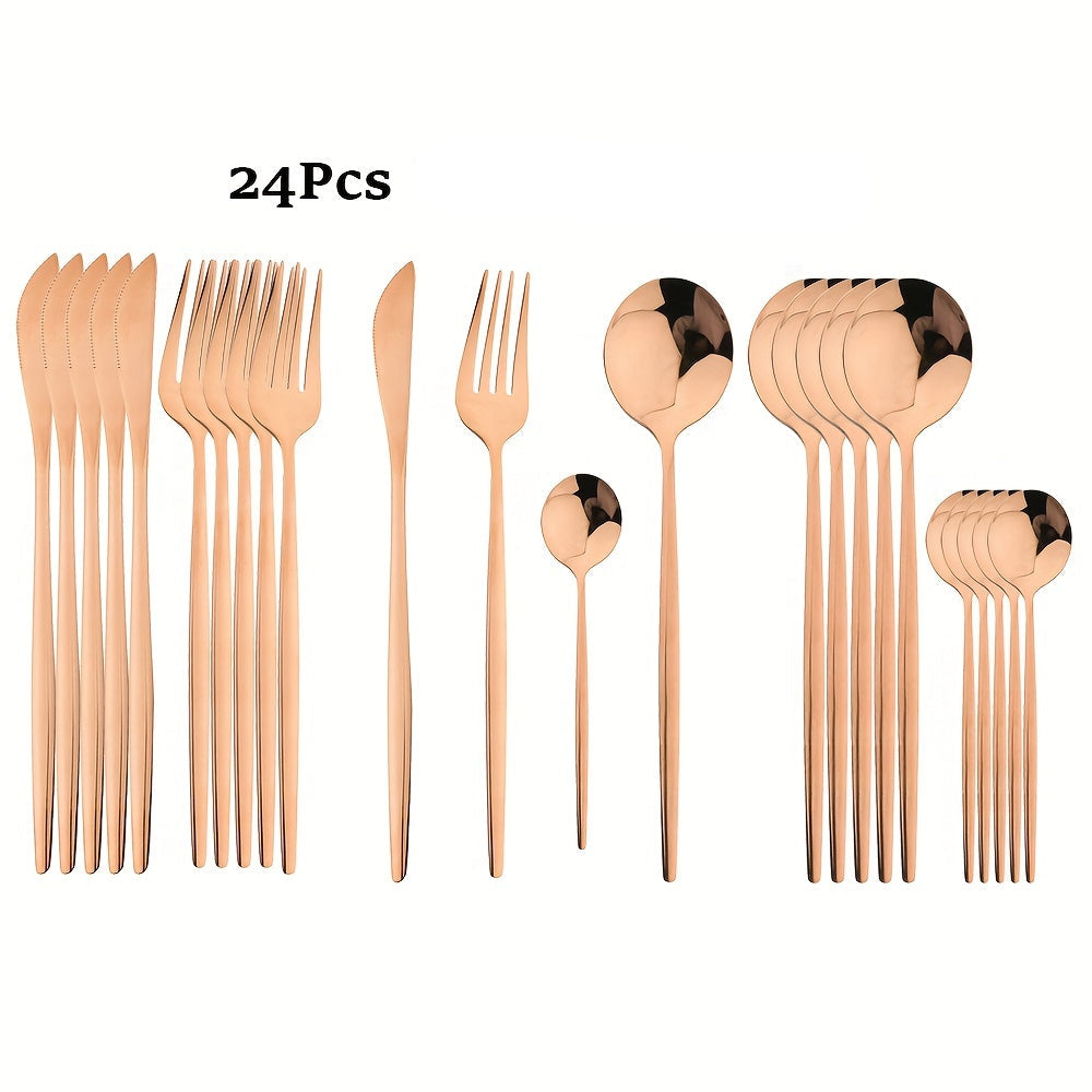 Conjunto de Talheres Dourados com Cabo Preto de 24 peças | Faca, Garfo, Colher em Aço Inoxidável, Aço Inoxidável 410, Presente de Louça de Jantar para Cozinha de Festival com Caixa
