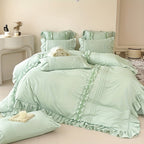 Conjunto de 4 Peças de Renda Romântica Macia + Kit Estilo Princesa com Bolinhas (1 Capa de Edredom, 2 Fronhas, 1 Lençol de Elástico), Suave e Delicado, Respirável e Absorvente, Simples e Romântico, Lavável na Máquina