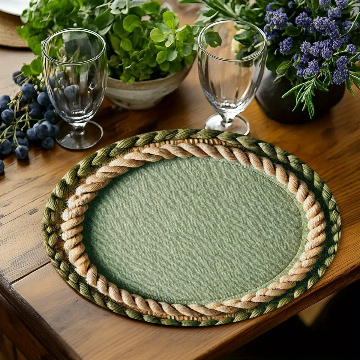 Conjunto de 4 Capachos Redondos - Borda em Cordão Verde Bege, Tapetes Centrais para Mesa na Cor Bege, 38,1x38,1 cm Resistente e Lavagem Manual Apenas no Tecido Decorativo Rústico Fazenda, Jantar Campestre, Festas Temáticas & Uso Diário - Utensílios Elegantes
