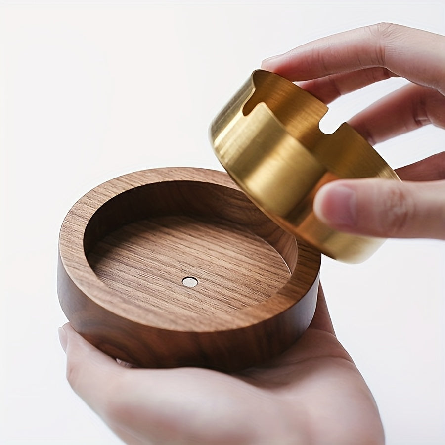 Cinzeiro redondo de madeira sólida com tampa - Material de madeira escura premium, cor de acácia retro, desmontável e fácil de limpar, presente perfeito para pai, clientes de negócios, namorado ou amante, ideal para uso interior em escritórios, cafés, bares, casas noturnas, casas e quintais.