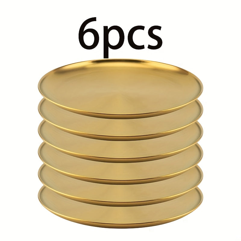 Conjunto de 6 Pratos de Jantar em Aço Inoxidável, Prato de Salada Dourado, Prato de Churrasco Coreano, Prato Principal Ocidental, Prato para Lanches e Sobremesas, Adequado para Restaurante e Uso Doméstico, Bandeja Multifuncional para Lanches e Prato para Ossos