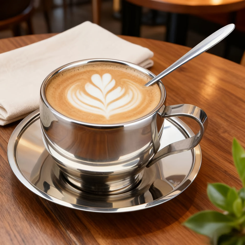 3pcs/sets 304 Thickened Stainless Steel Coffee Cup | Double-walled Insulated Cup | Home/Office Set with Saucer and Spoon (3pcs) - Simple Design, Easy to Clean, Long-lasting Use