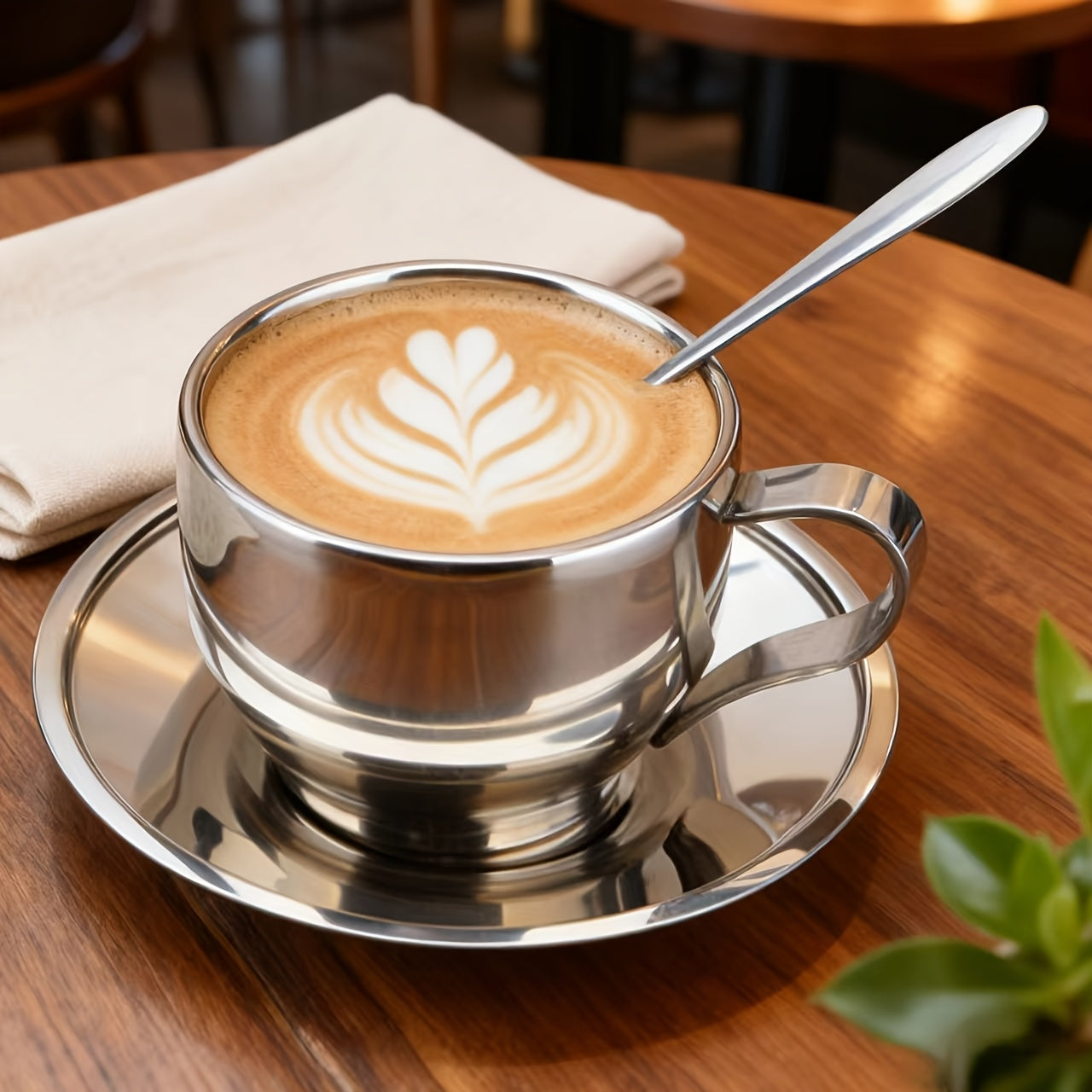 3pcs/sets 304 Thickened Stainless Steel Coffee Cup | Double-walled Insulated Cup | Home/Office Set with Saucer and Spoon (3pcs) - Simple Design, Easy to Clean, Long-lasting Use