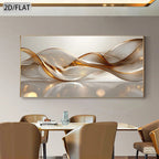 Grande Arte de Parede Moderna Abstrata - Pintura em Tela com Linha Dourada e Moldura Transparente, Ideal para Sala, Quarto, Escritório - Decoração Contemporânea Neutra 50x150cm (19,69x59,06in) Obra de Arte Moderna de Grande Porte