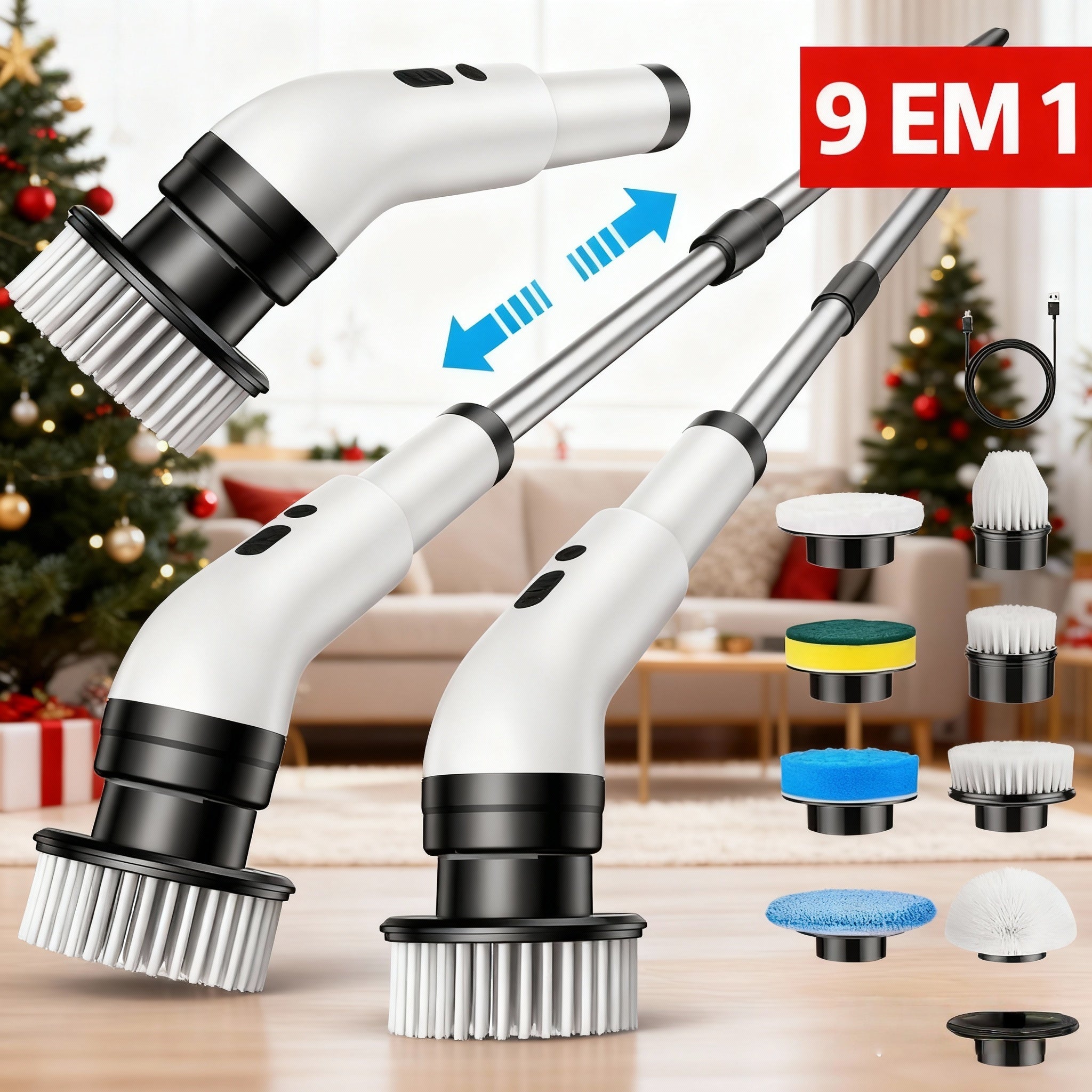Electric Cleaner with Interchangeable Brush Heads (Soft/Hard), Extendable Length, Easily Cleans Hard-to-Reach Areas, USB-Powered — A Lightweight Electric Mop, Perfect Gift for Household Cleaning