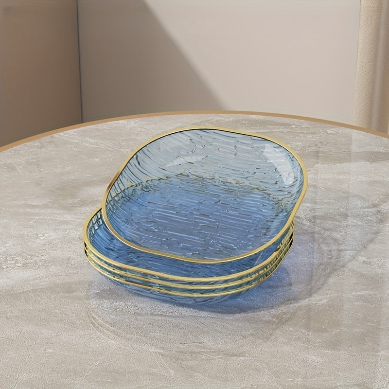 Conjunto de 4 Pratos Elegantes Transparentes para Snacks e Fruta com Borda Dourada, Fabricados com Materiais de Alta Qualidade para Alimentos, Formato Oval, Perfeitos para Refeições Familiares, Convívios e Todas as Estações, Adequados para Fruta, Snacks e Pratos de Servir.