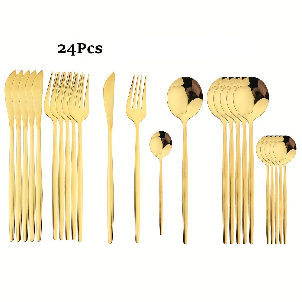Conjunto de Talheres Dourados com Cabo Preto de 24 peças | Faca, Garfo, Colher em Aço Inoxidável, Aço Inoxidável 410, Presente de Louça de Jantar para Cozinha de Festival com Caixa