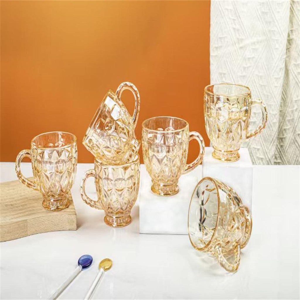 Jogo 6 Xícaras Chá e Café 260ml Itália Âmbar Cristal Dourado Luxuoso