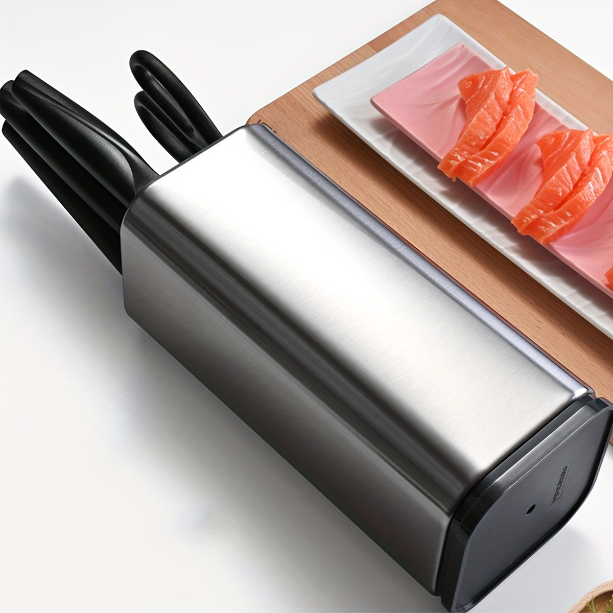 1pc Sleek Stainless Steel  Holder with Wooden Handle - Single Slot, Kitchen Rack for Knives & Cutting Boards, Durable Plastic Construction