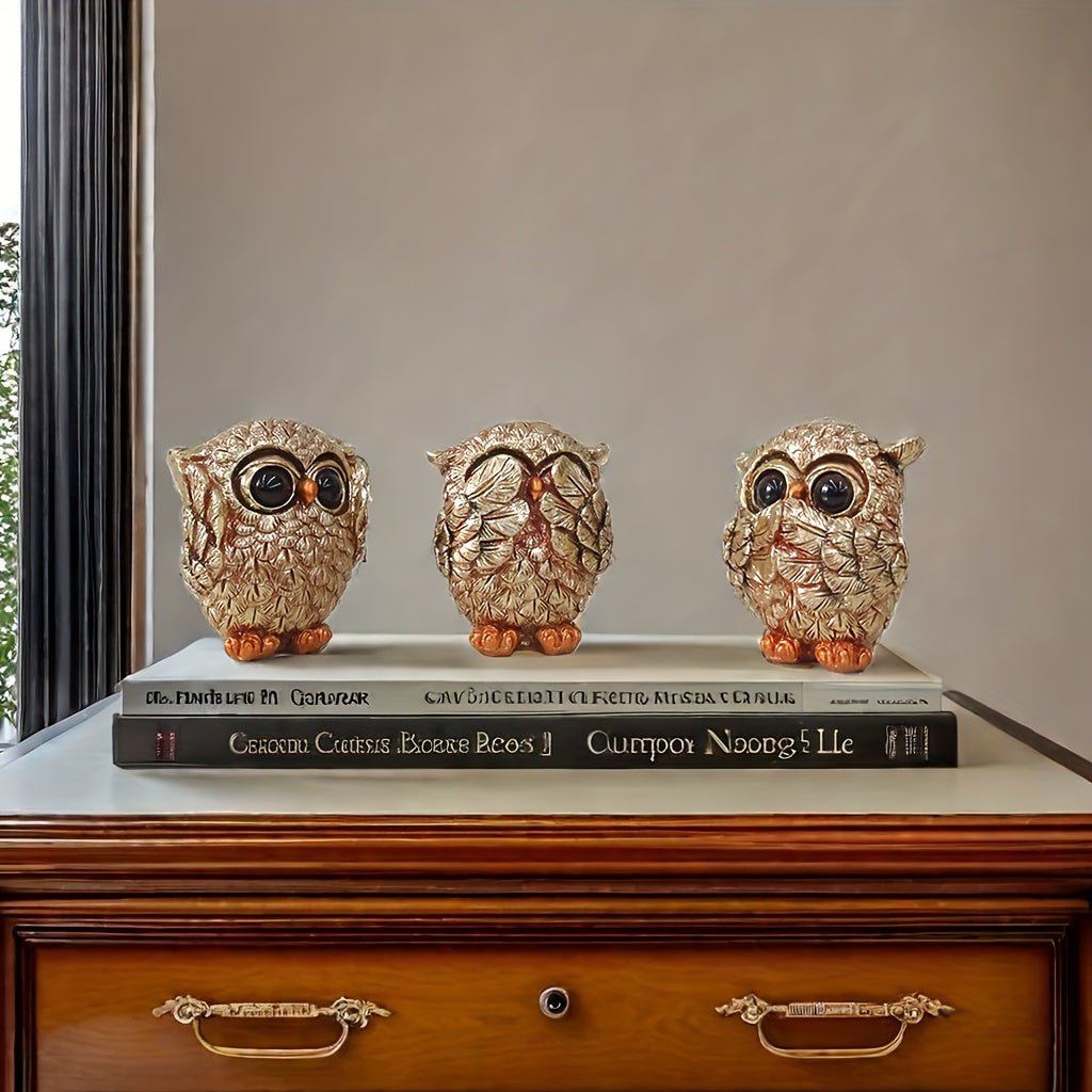 3pcs Creative Owl Statue Set Representing The 'See No Evil, Hear No Evil, Speak No Evil' Concept, Featuring Quirky Big-Eyed Owl Figurines, Suitable for Display in a Wine Cabinet, Living Room, Office Desk, Or Home Decor